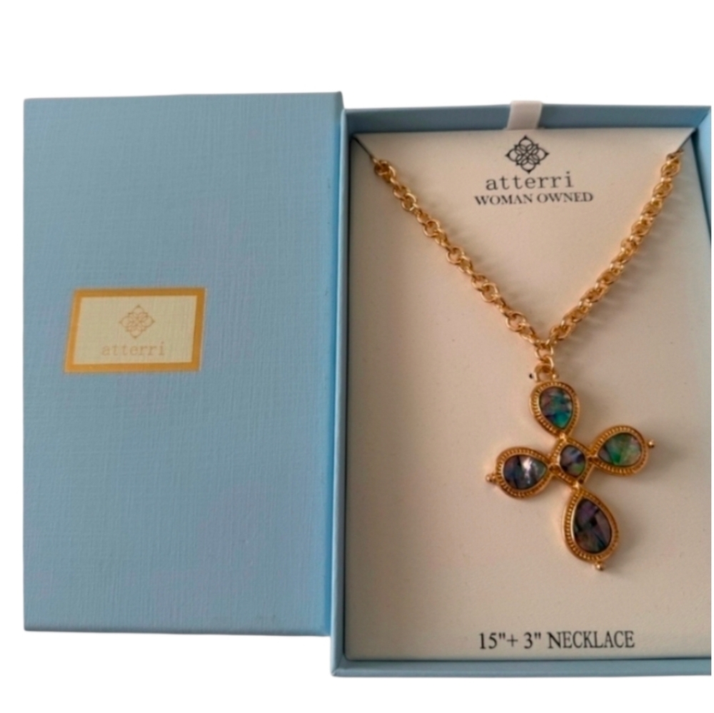 💛🔹️Atterri 🔹️Gold and Blue Cross  Stone Pendant 15in Necklace